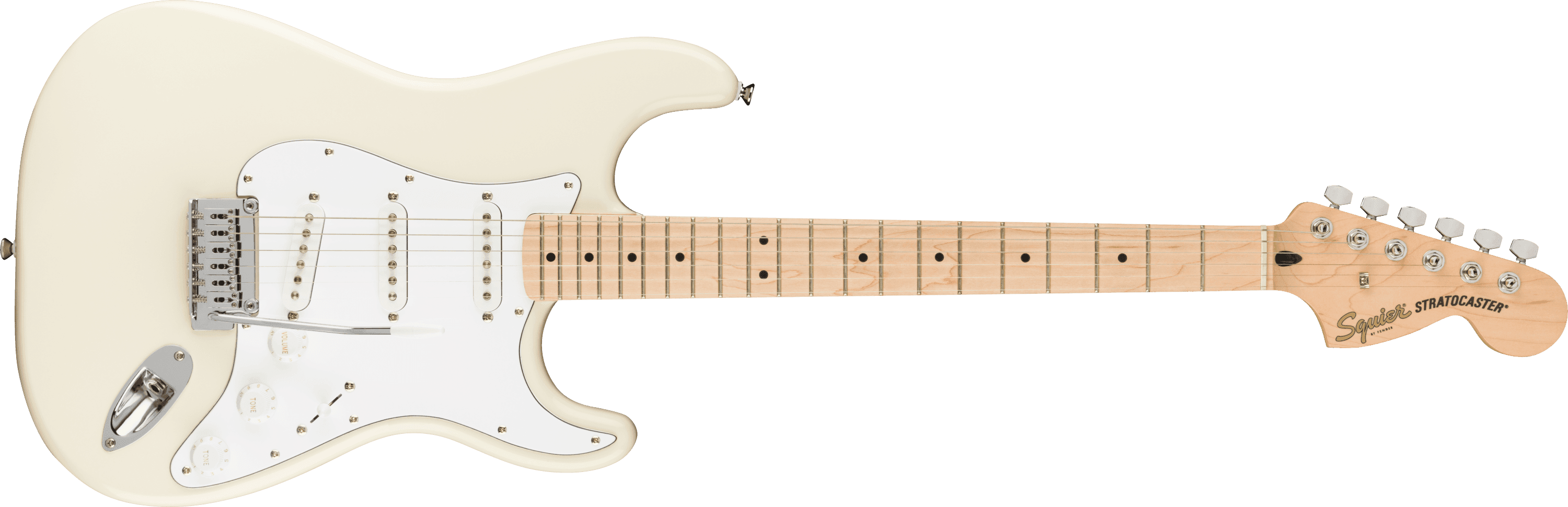 Affinity Series Stratocaster Olympic White maple neck, photographed from the front