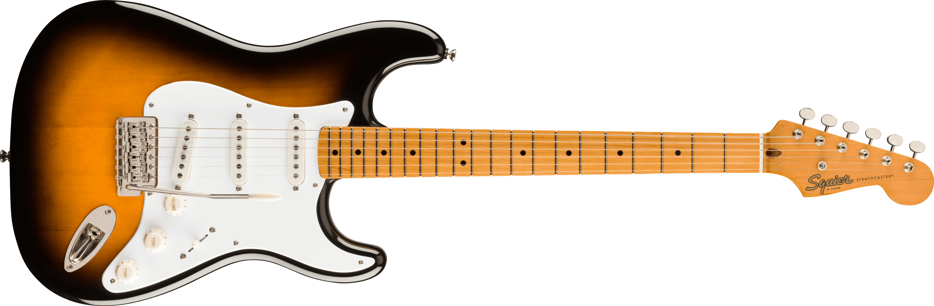 Classic Vibe '50s Stratocaster 2-Color Sunburst maple neck, photographed from the front
